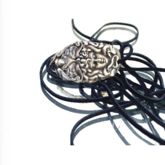 Antique Sterling Silver Medusa 925 Tie Wrap Cuff Art Nouveau Genuine Leather - Picture 3 of 6